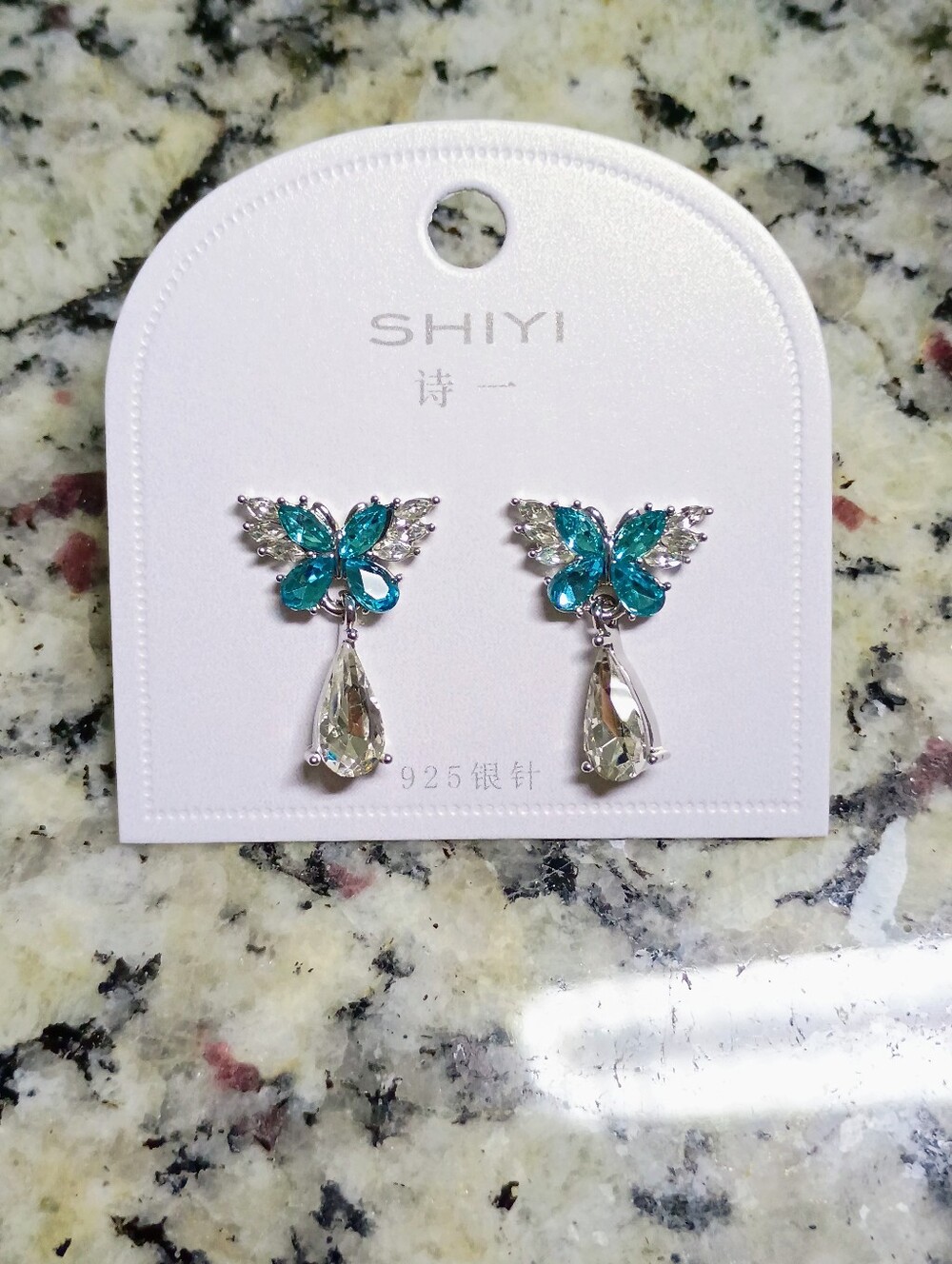 New Teal Crystal Butterfly Drop Earrings with Clear Teardrops